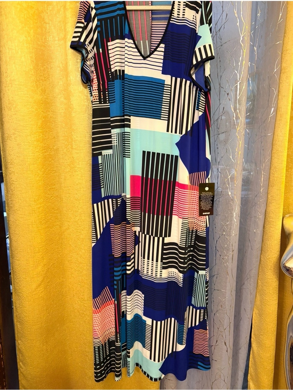 Avenue Multicolor Geometric V‑Neck Maxi Dress - Blue, Black, White, Pink, Teal